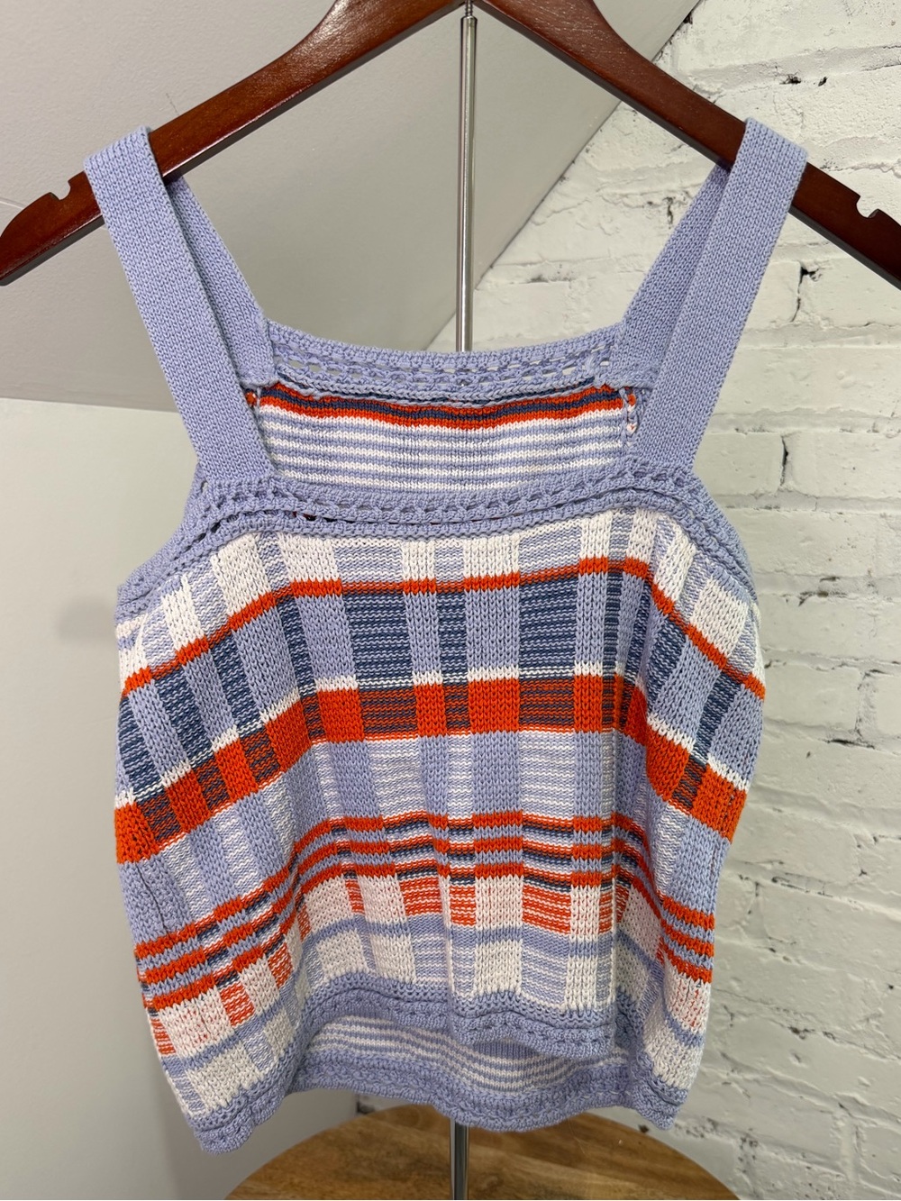 Banana Republic Plaid Crochet Sweater Tank Top Blue Orange Sleeveless Size S - Picture 3 of 5